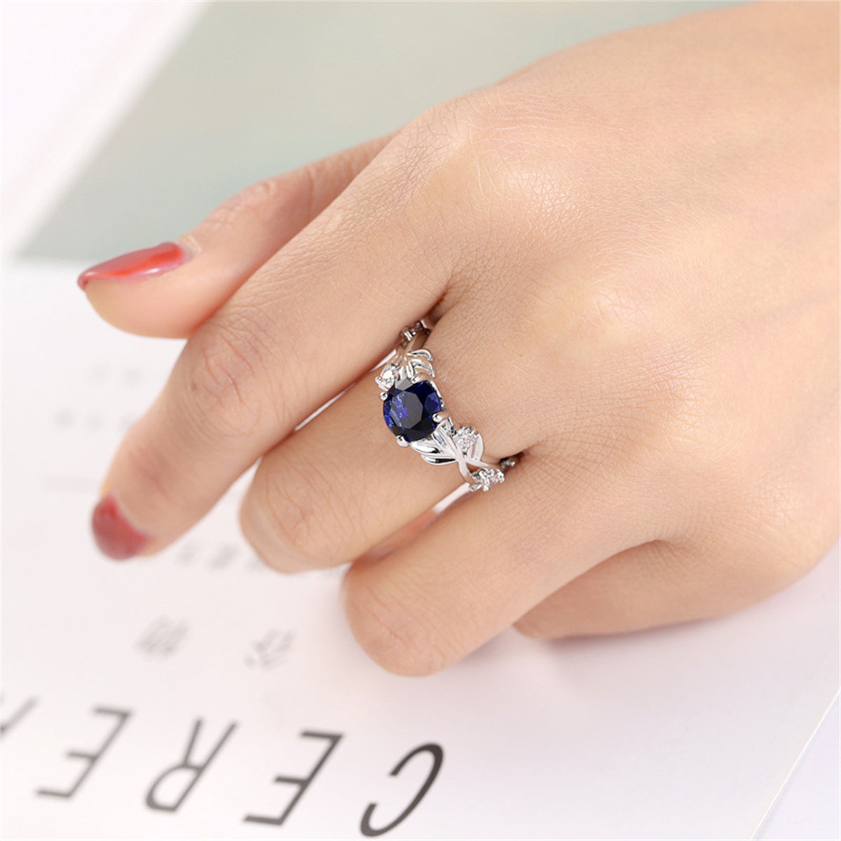 Navy Crystal and Silver-Plated Round-Cut Floral Ring, silver statement rings for women, botanical inspired, styled look