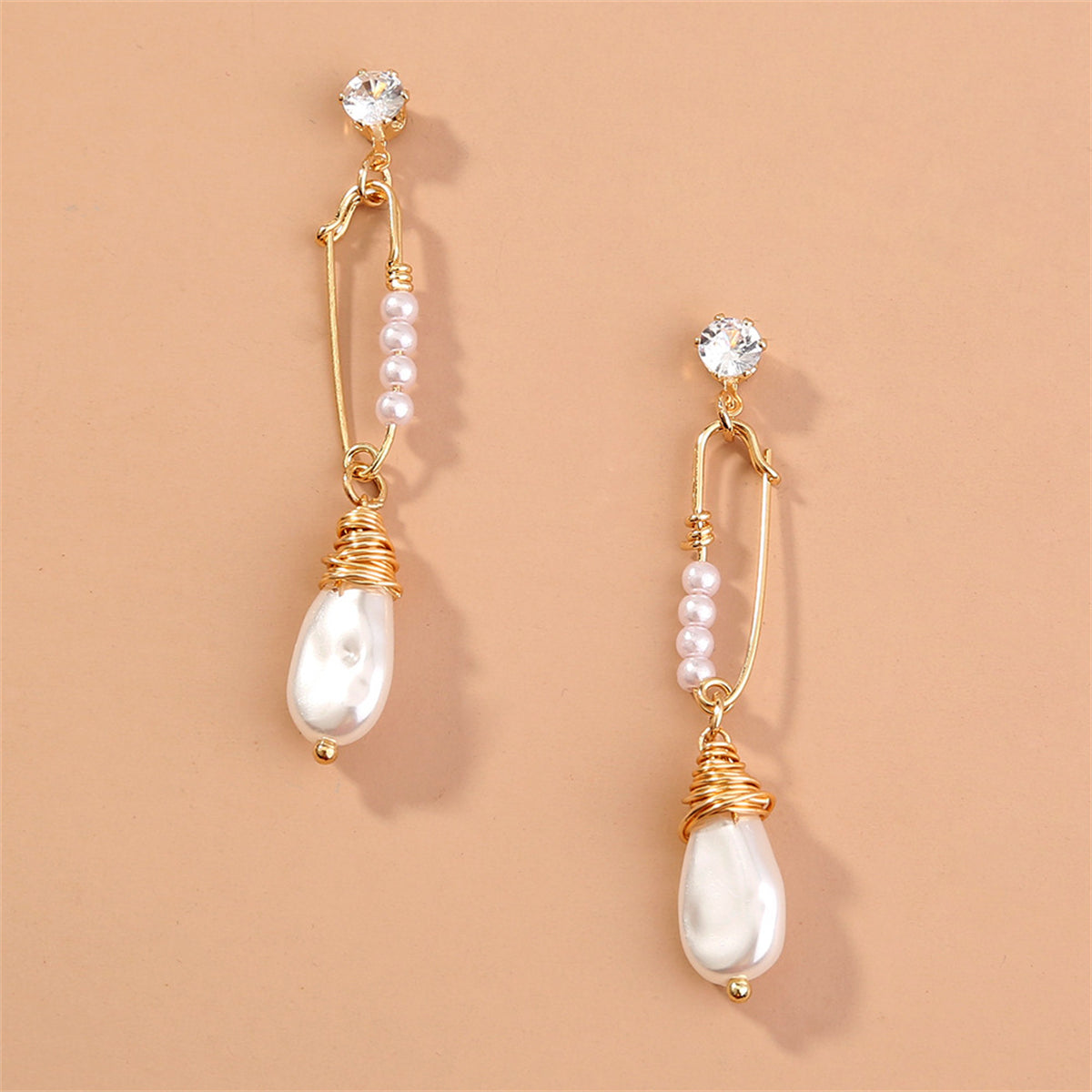 Cubic Zirconia & Pearl 18K Gold-Plated Safety Pin Drop Earrings