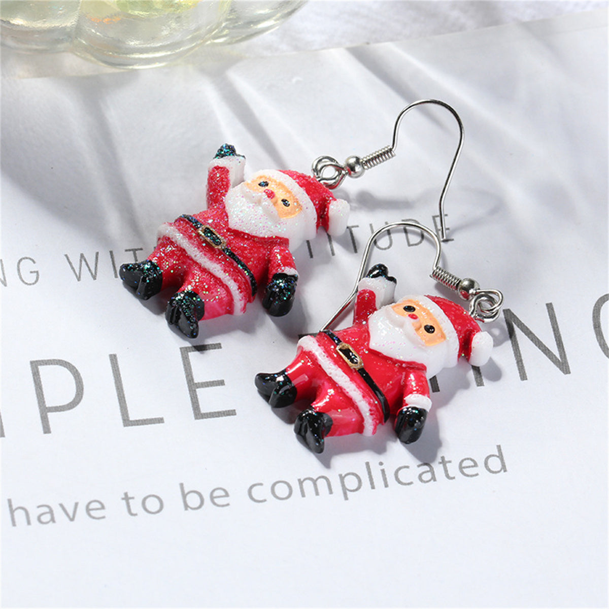 Red Acrylic and Silver-Plated Santa Drop Earrings, silver drop earrings for women, elegant gift for her, detail close-up