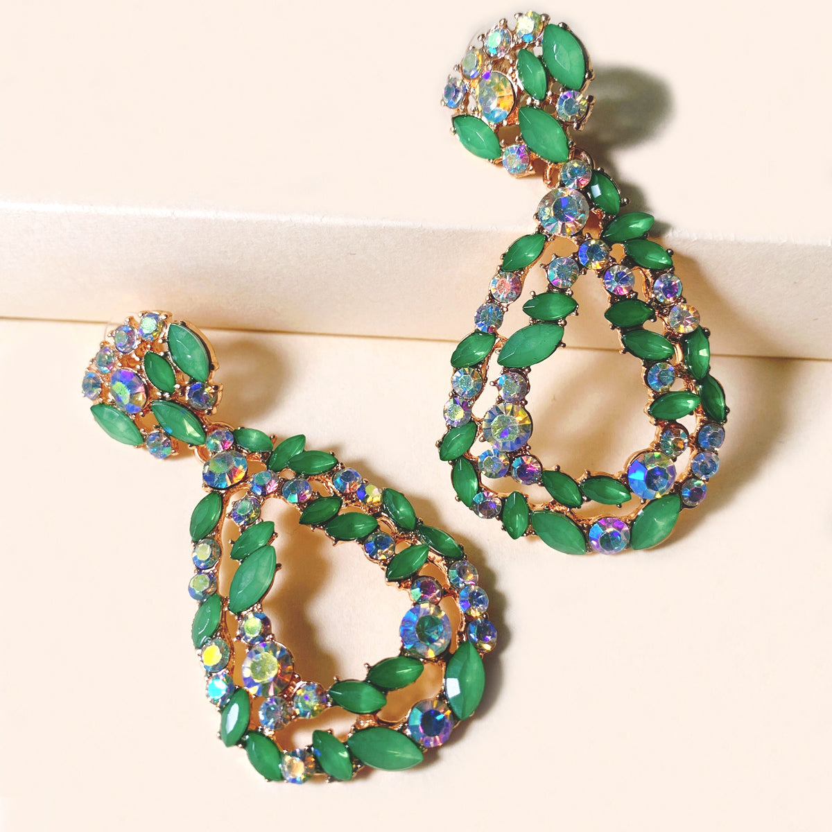 Green Crystal & Cubic Zirconia 18K Gold-Plated Teardrop Earrings