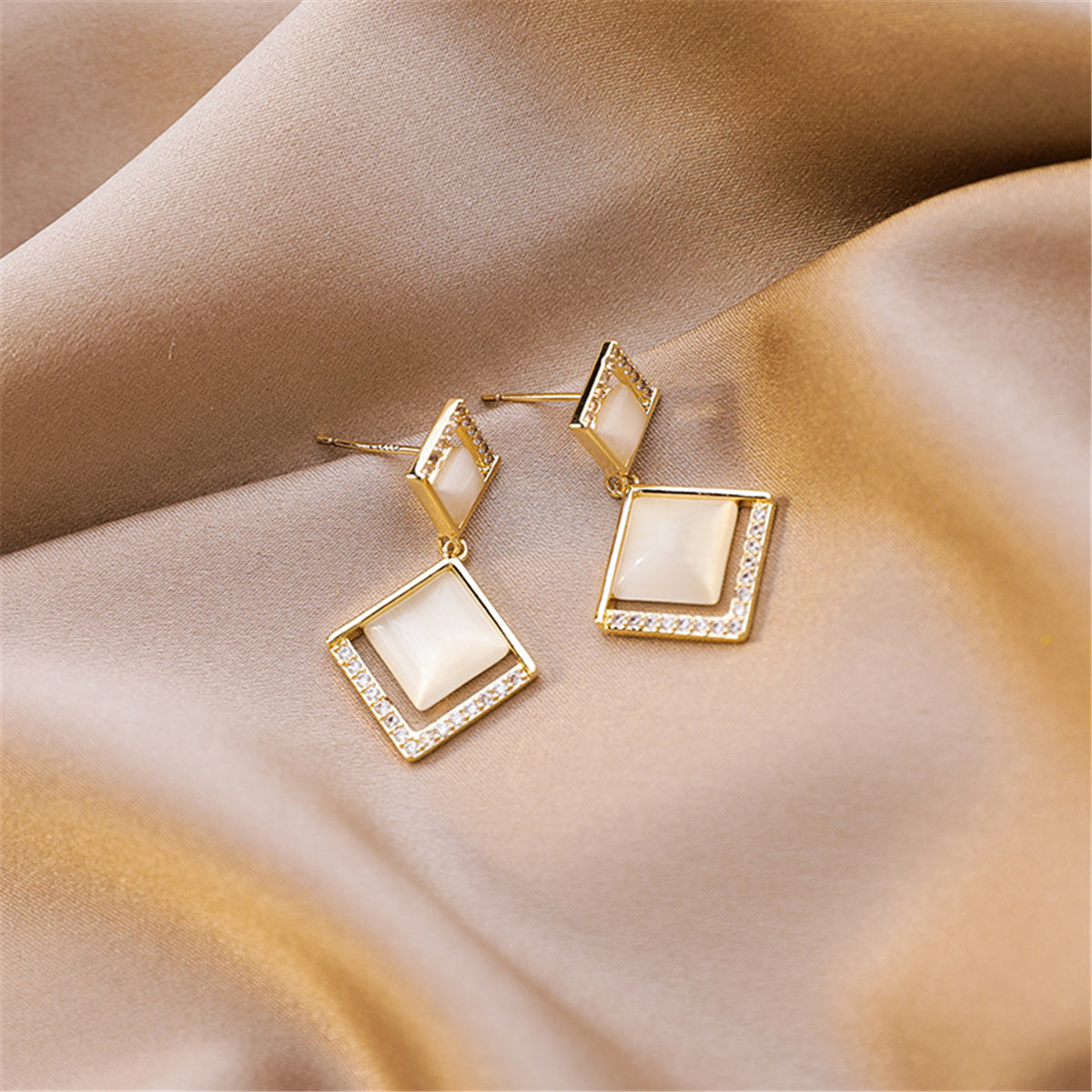 Cubic Zirconia and Cat's Eye 18K Gold-Plated Rhombus Drop Earrings, gold drop earrings for women, front view