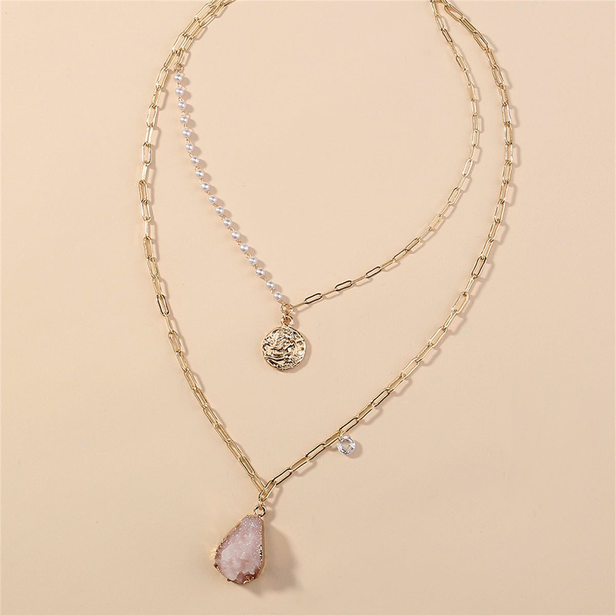 Pearl and Resin 18K Gold-Plated Coin Pendant Layered Necklace, gold pendant necklace for women, styled look