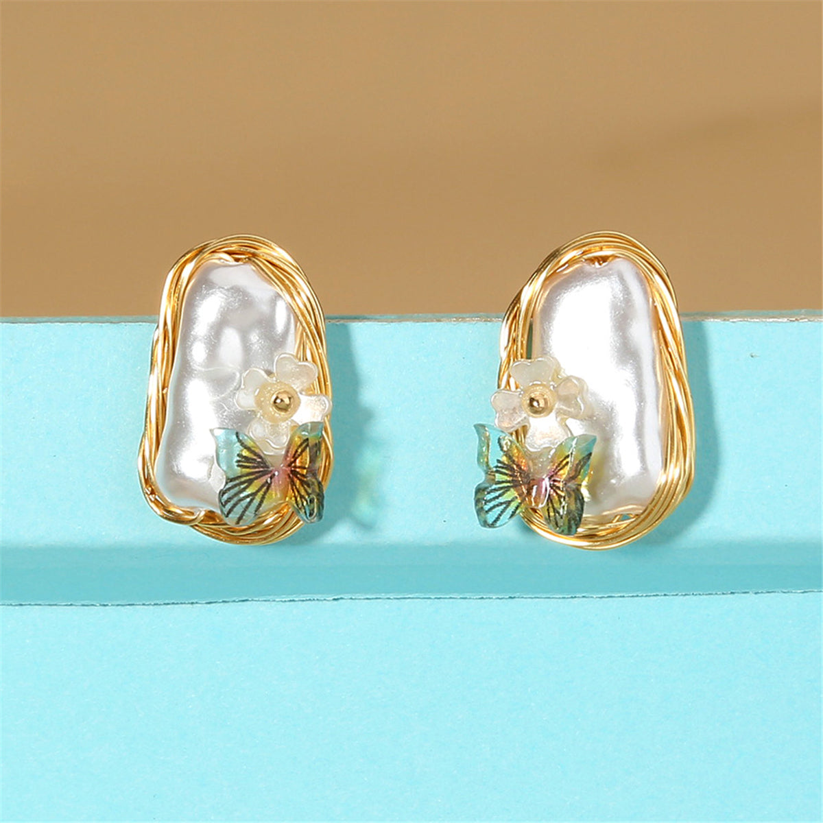 Pearl and Green Butterfly Stud Earrings, stud earrings for women, everyday style, detail close-up