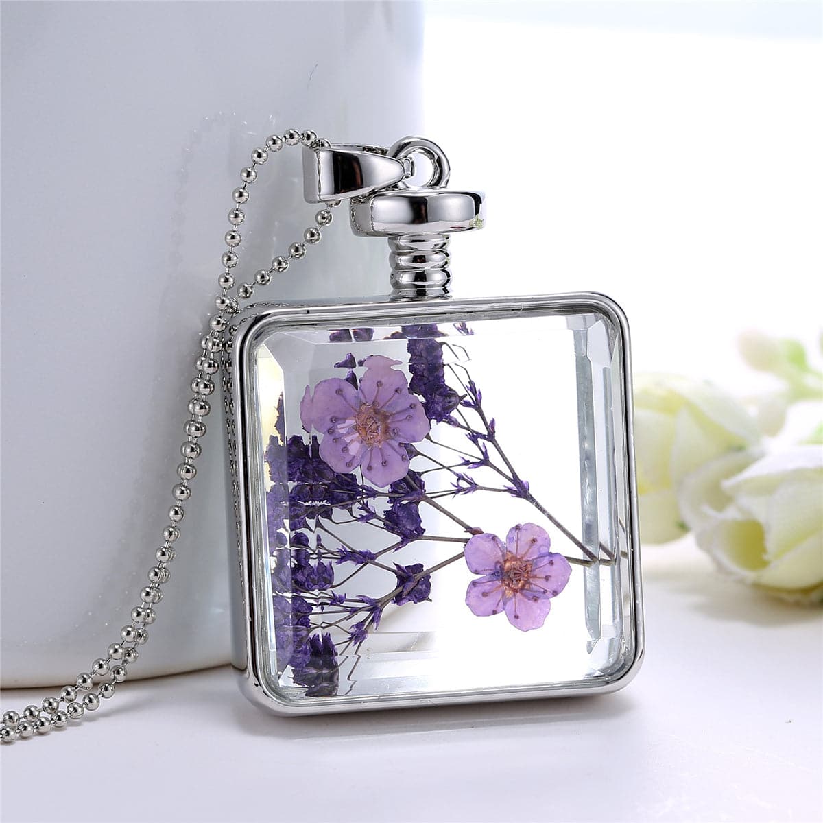 Purple Pressed Peach Blossom & Silver-Plated Square Pendant Necklace