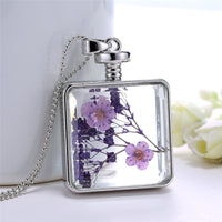 Purple & Silvertone Pressed Peach Blossom Square Pendant Necklace
