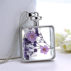 Purple Pressed Peach Blossom & Silver-Plated Square Pendant Necklace