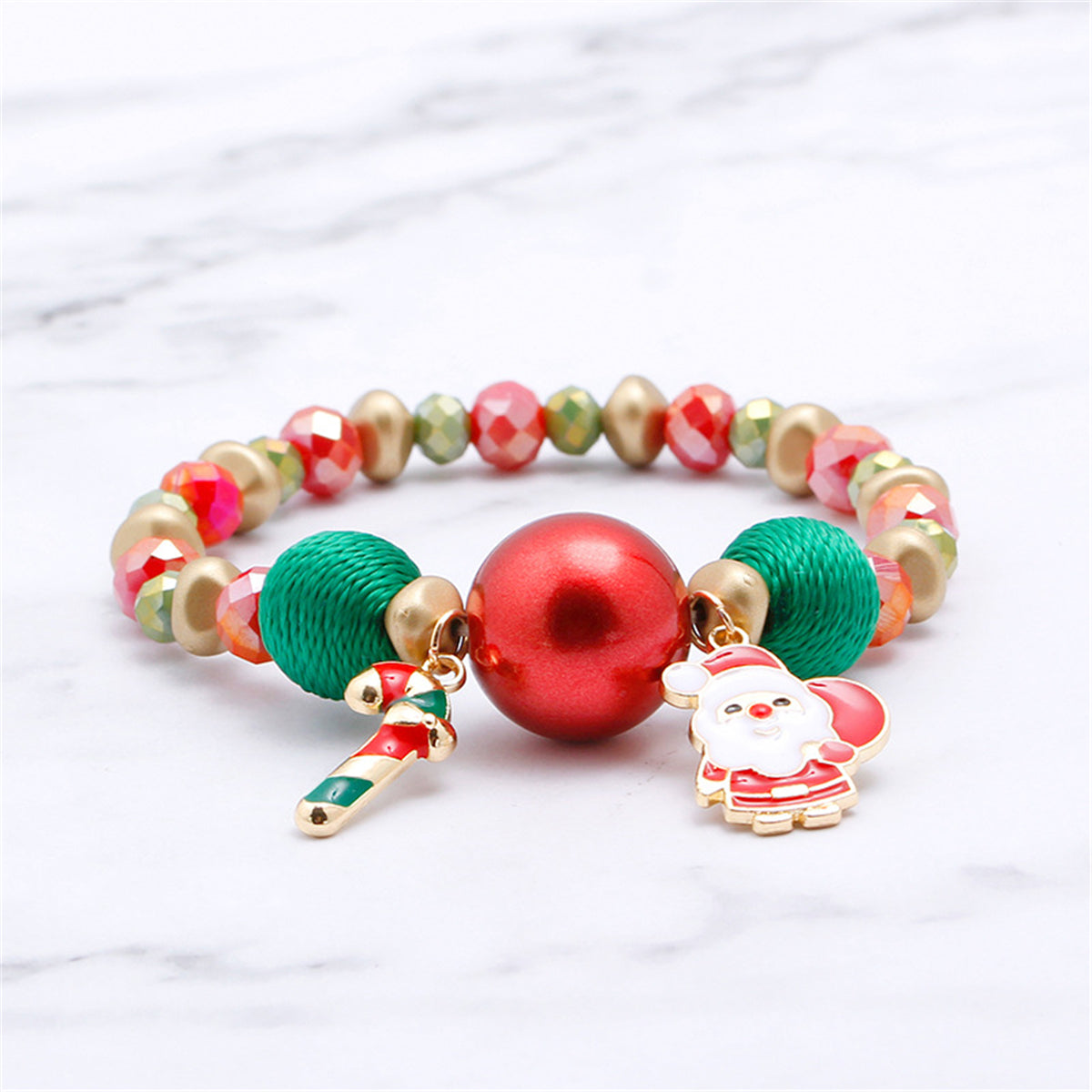 Red Enamel and 18K Gold-Plated Santa Claus Beaded Stretch Charm Bracelet, gold bracelet for women, detail close-up