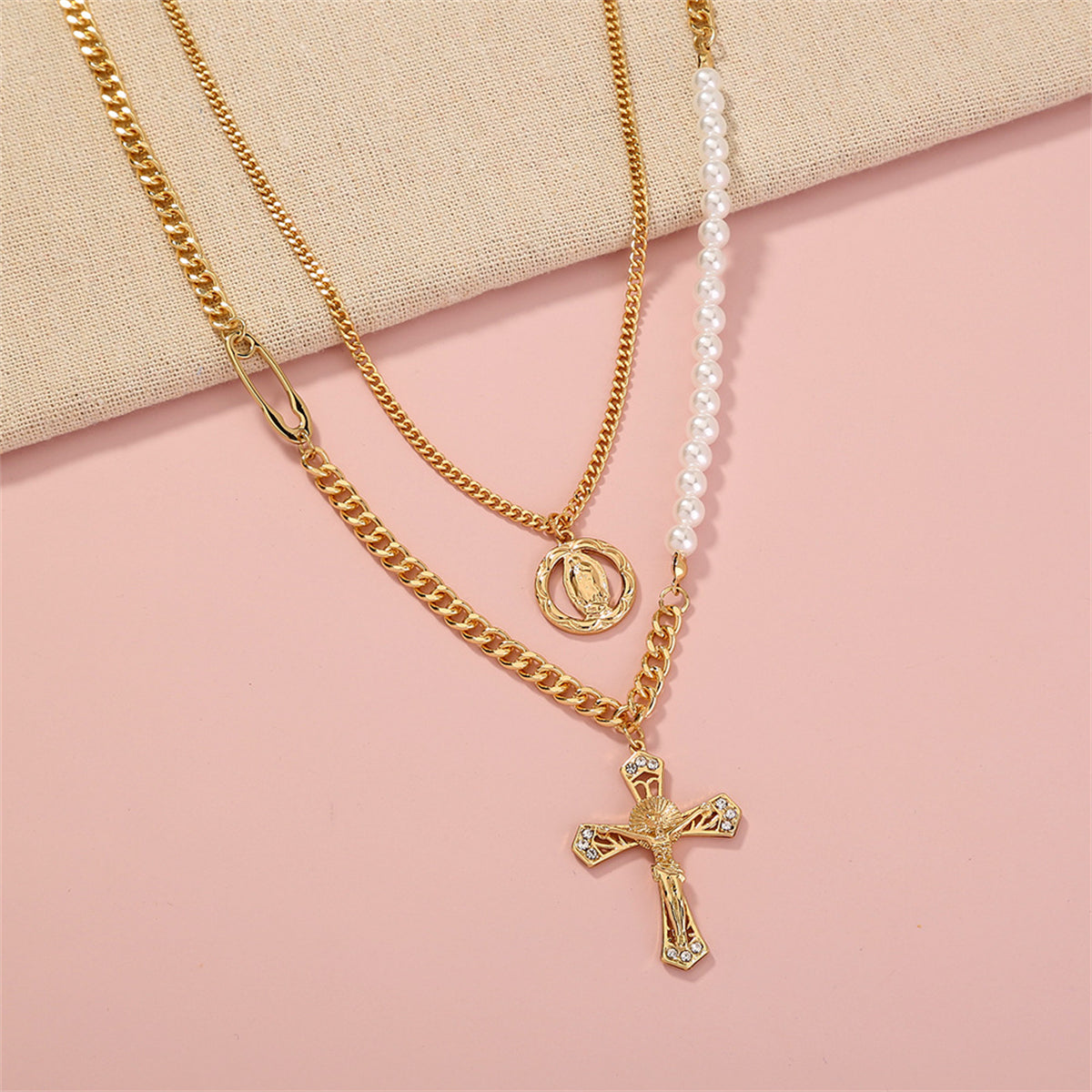 Cubic Zirconia and Pearl 18K Gold-Plated Cross Layered Necklace, gold pendant necklace for women, lifestyle look
