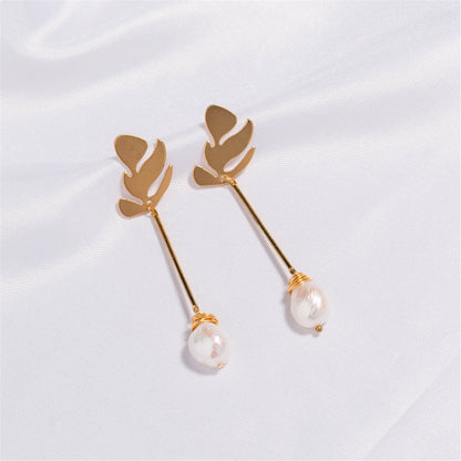 Pearl & 18K Gold-Plated Leaf Drop Earrings