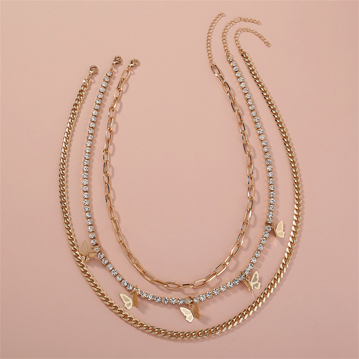 Cubic Zirconia & 18K Gold-Plated Butterfly Layered Chain Necklace
