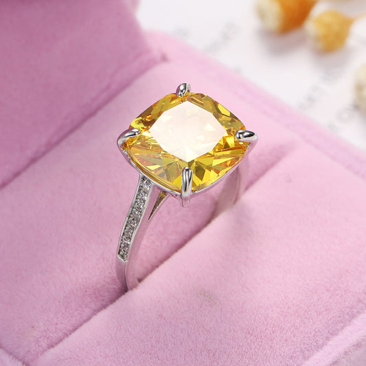 Yellow Princess Crystal and Cubic Zirconia Silver-Plated Prong-Set Ring, silver statement rings for women, front view