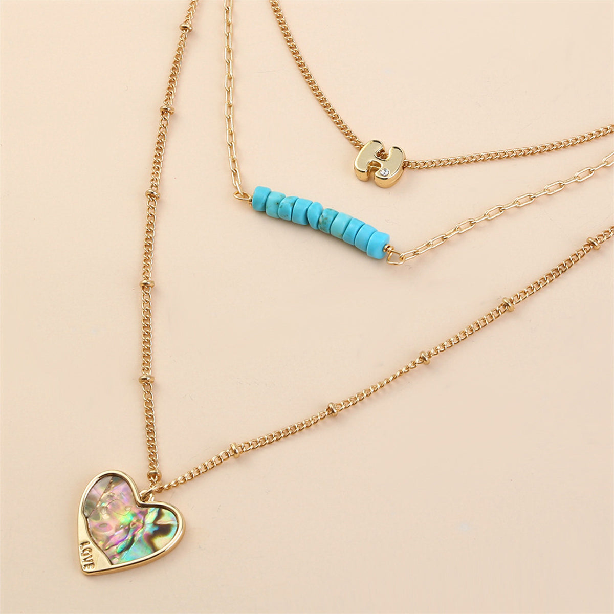 Turquoise & Abalone Shell 18K Gold-Plated Heart Layered Pendant Necklace