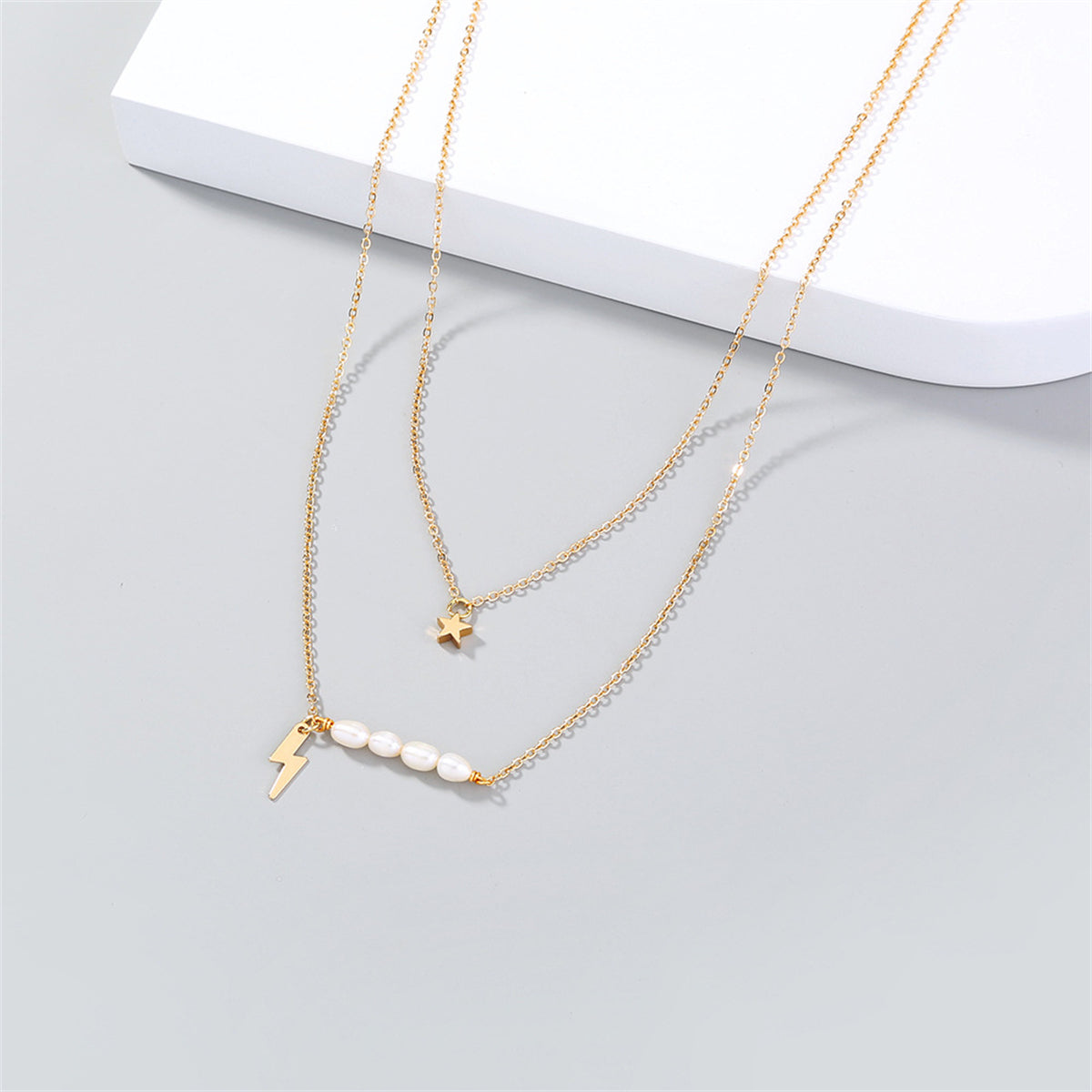 Pearl and 18K Gold-Plated Lightning Star Layered Necklace, gold pendant necklace for women, lifestyle look