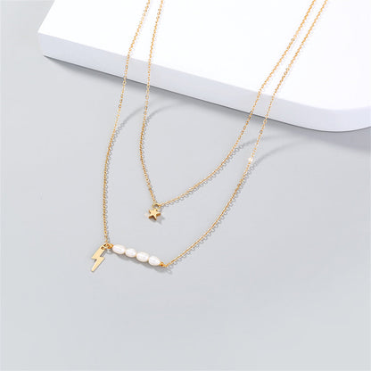 Pearl and 18K Gold-Plated Lightning Star Layered Necklace, gold pendant necklace for women, lifestyle look