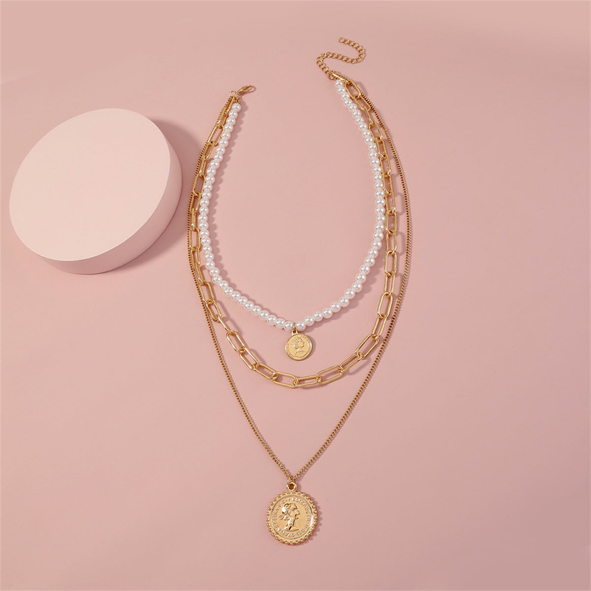 Pearl & 18K Gold-Plated Coin Triple-Chain Layered Pendant Necklace