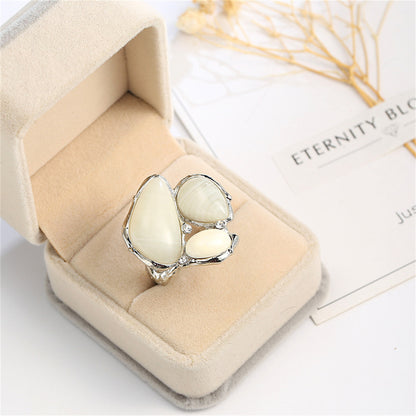 White Cats Eye Silver-Plated Abstract Ring, silver statement rings for women, everyday style, lifestyle look