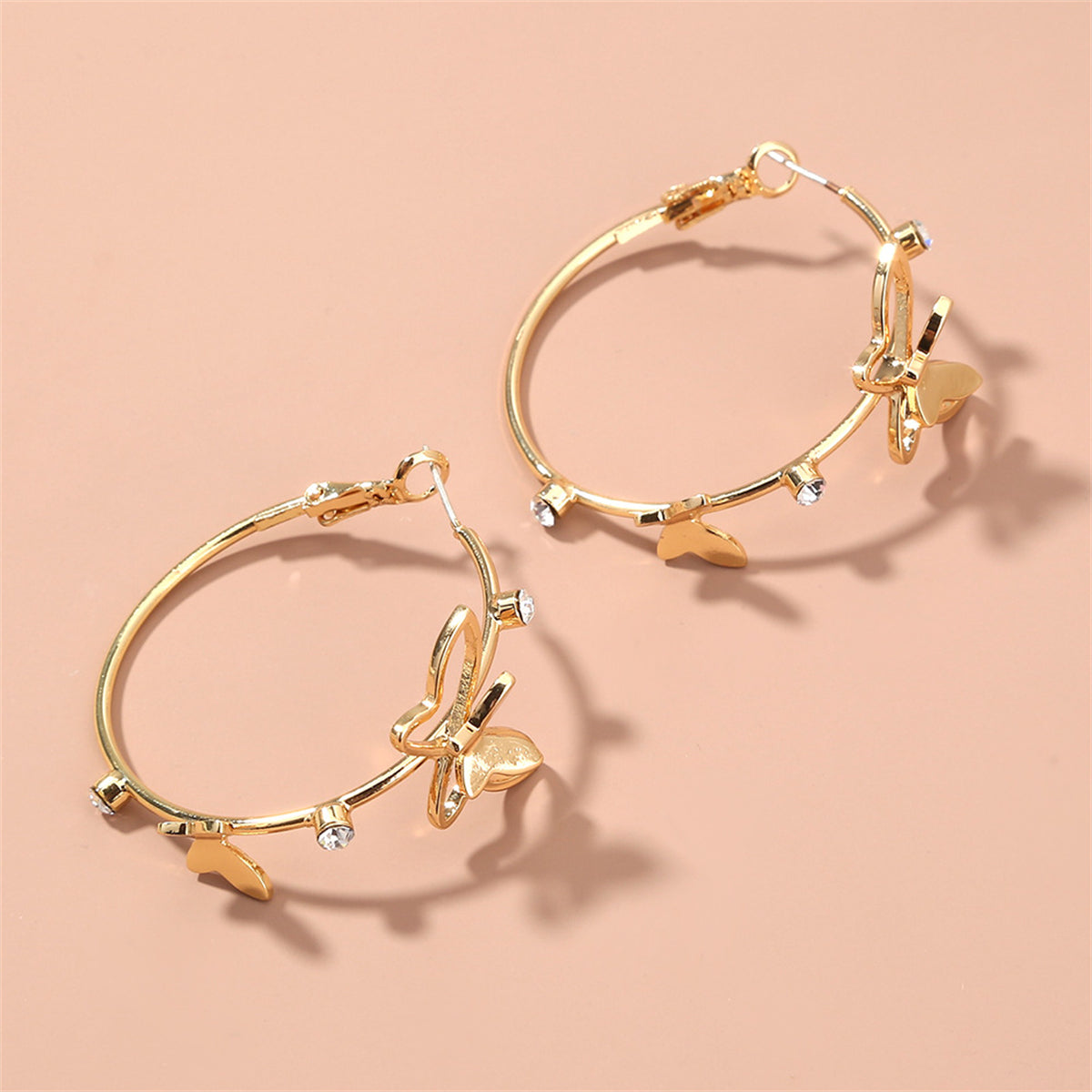 Cubic Zirconia and 18K Gold-Plated Butterfly Hoop Earrings, vintage-inspired design, side view