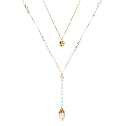 Pearl and Acrylic 18K Gold-Plated Layered Beaded Drop Necklace, gold pendant necklace for women, side view