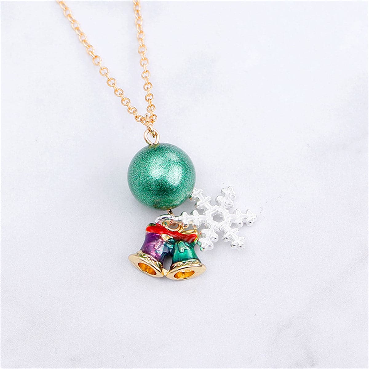 Green and 18K Gold-Plated Snowflake Bells Pendant Necklace, gold pendant necklace for women, front view