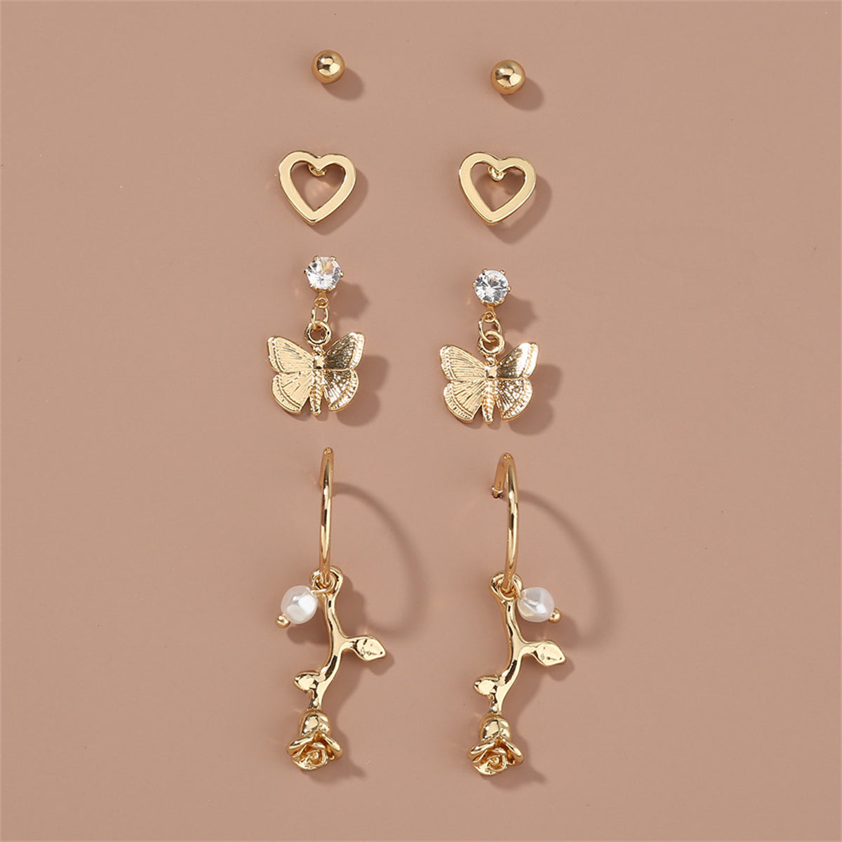 Cubic Zirconia and 18K Gold-Plated Butterfly Drop Earrings Set, gold stud earrings for women, botanical inspired, side view