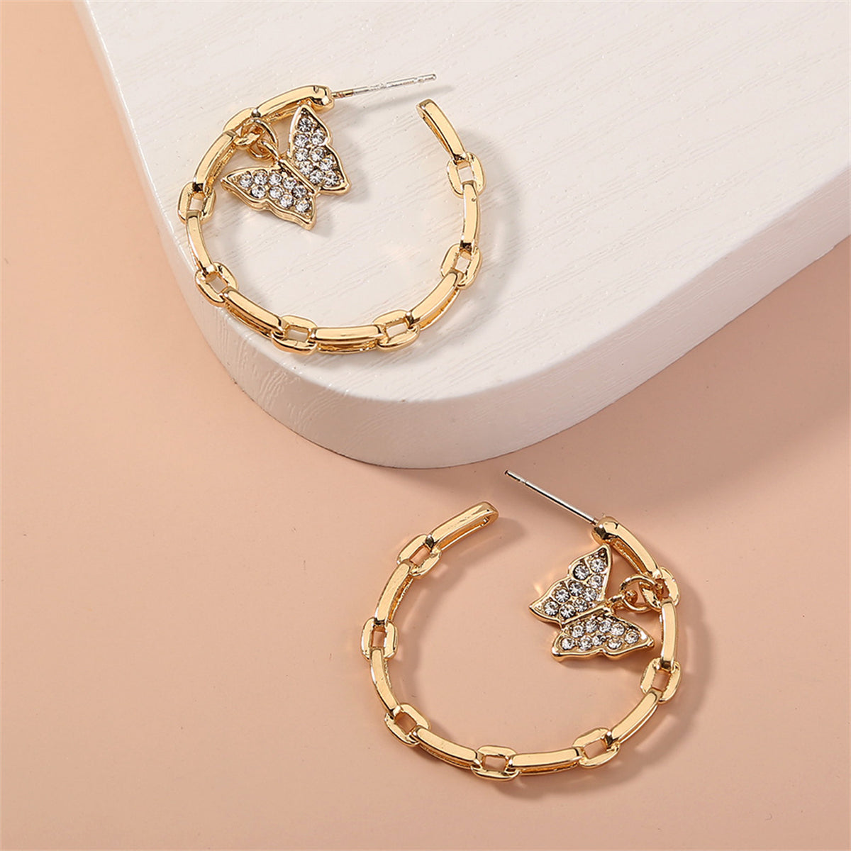 Cubic Zirconia and 18K Gold-Plated Butterfly Chain Hoop Earrings, gold drop earrings for women, side view