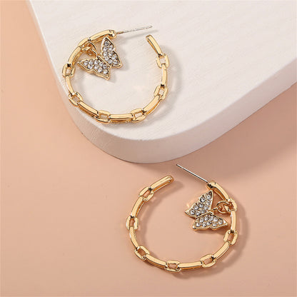 Cubic Zirconia and 18K Gold-Plated Butterfly Chain Hoop Earrings, gold drop earrings for women, side view