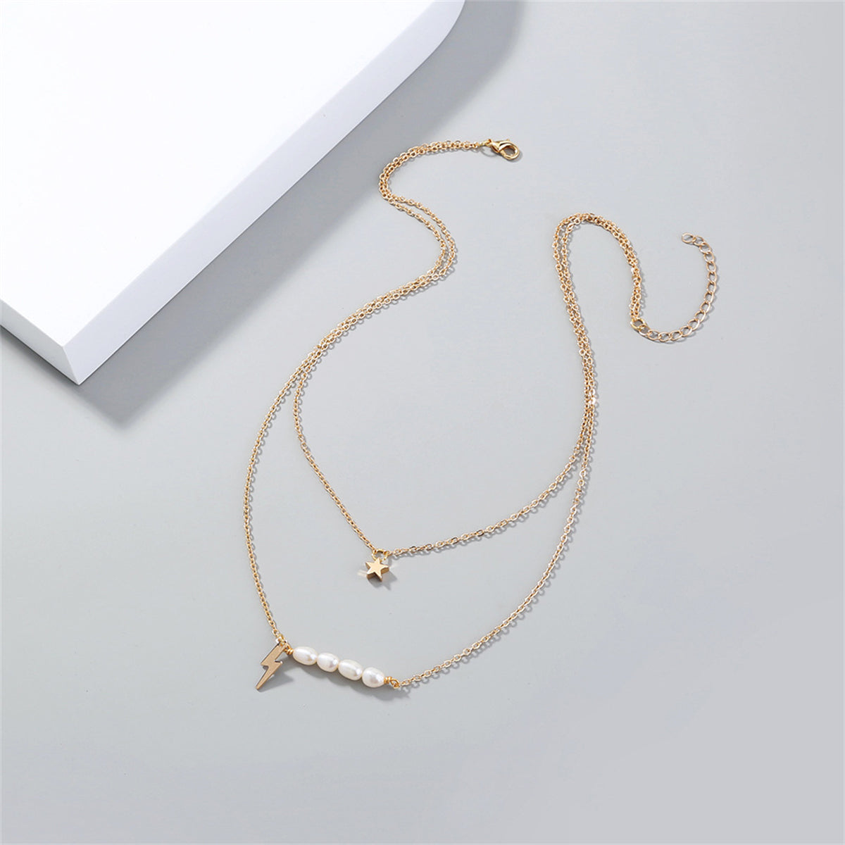 Pearl and 18K Gold-Plated Lightning Star Layered Necklace, gold pendant necklace for women, botanical inspired, styled look