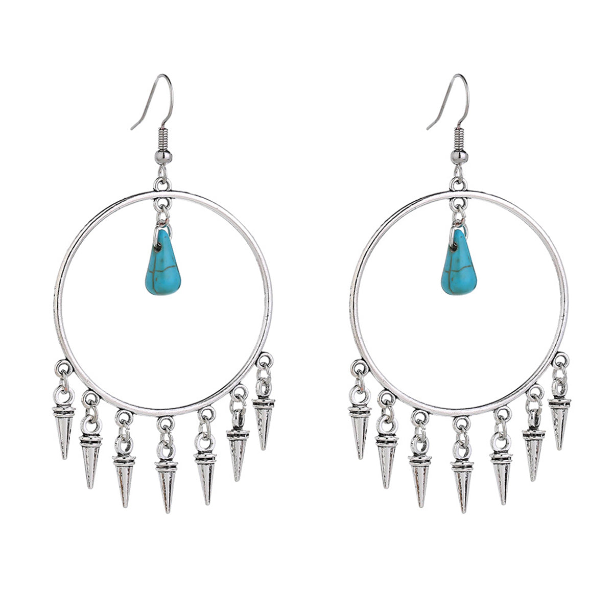Turquoise and Silver-Plated Bullet Tassel Drop Earrings, silver drop earrings for women, styled look
