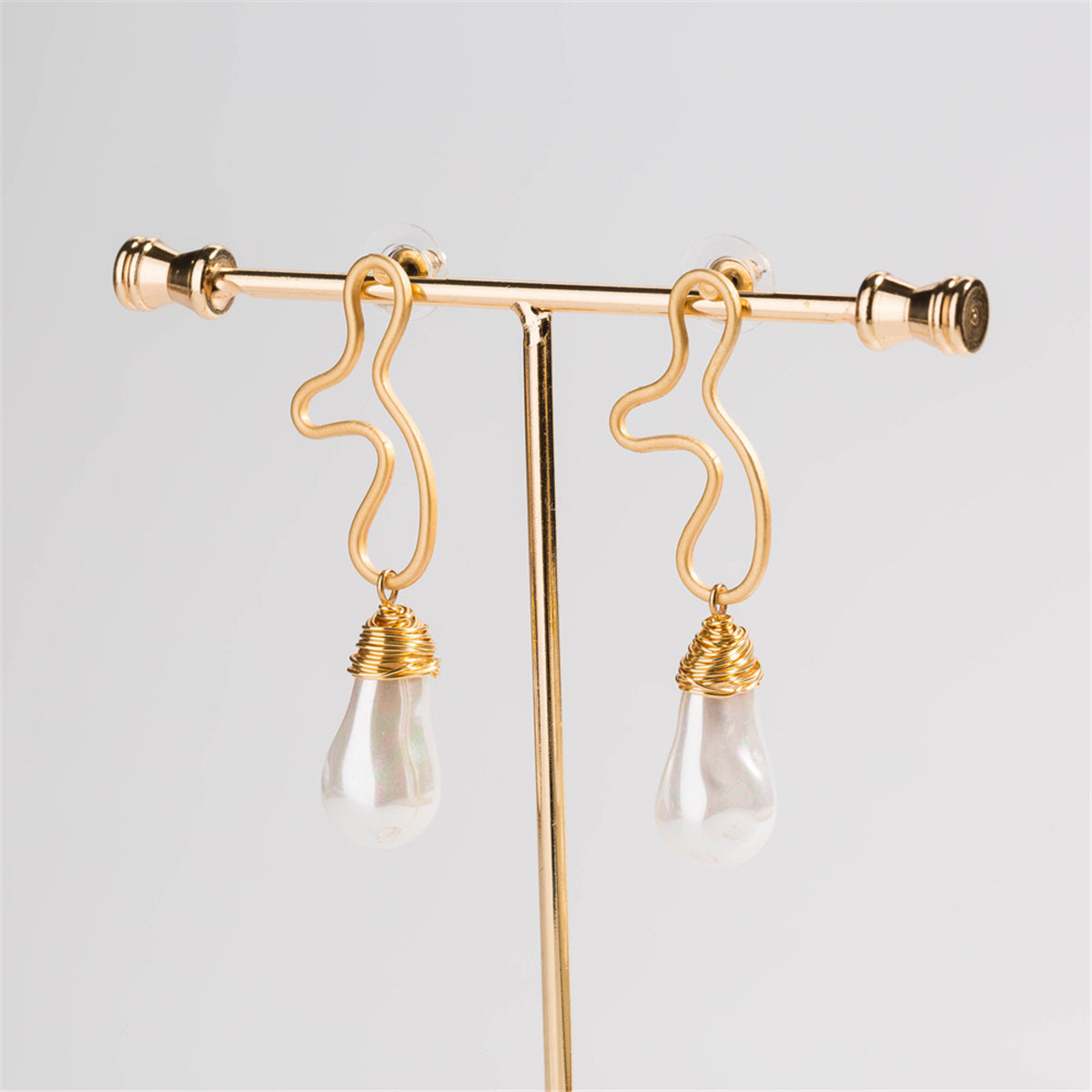 Pearl and 18K Gold-Plated Open Geometric Drop Earrings, gold drop earrings for women, everyday style, detail close-up