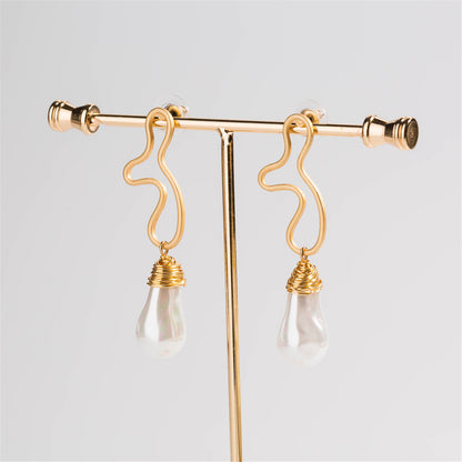 Pearl and 18K Gold-Plated Open Geometric Drop Earrings, gold drop earrings for women, everyday style, detail close-up