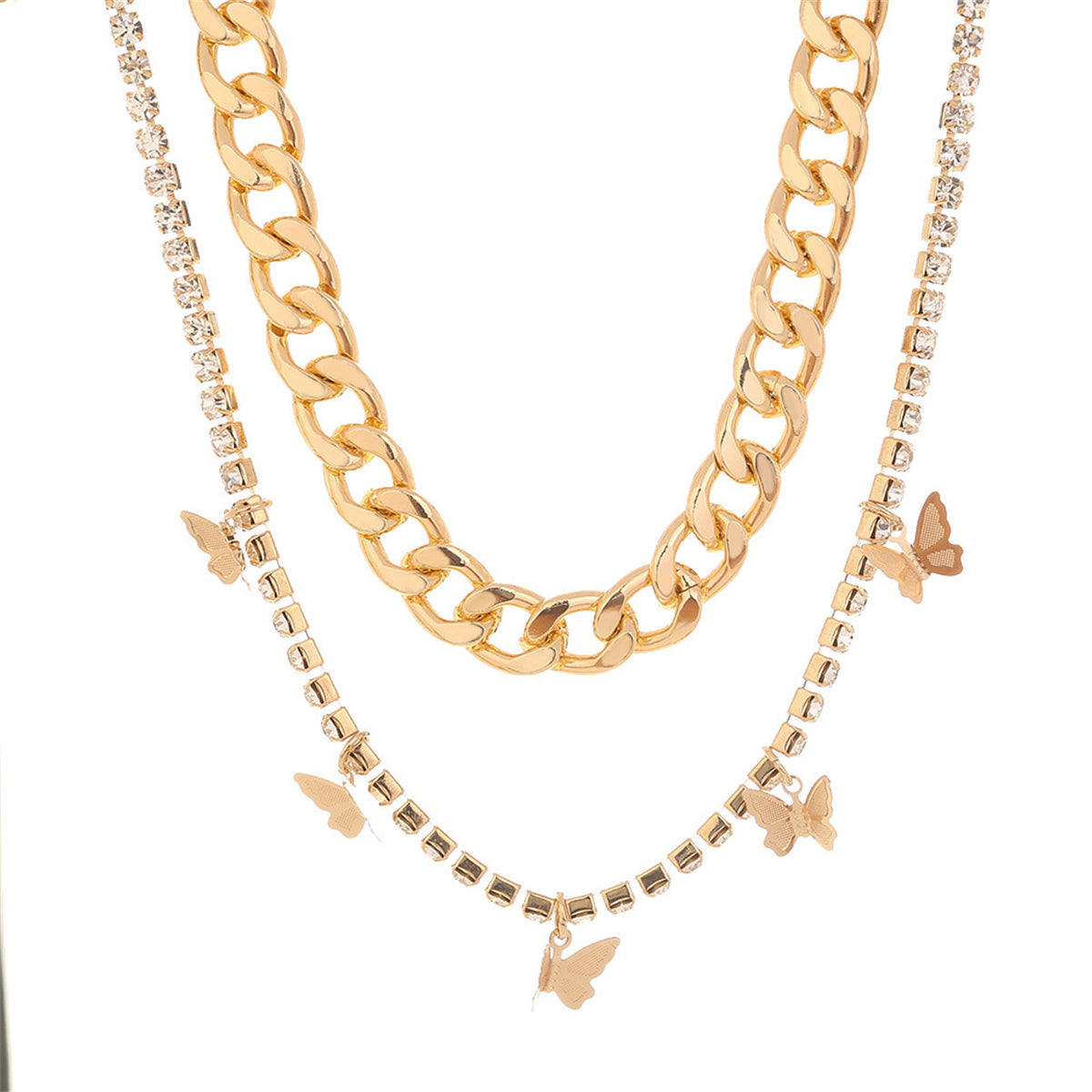 Cubic Zirconia and 18K Gold-Plated Butterfly Station Necklace Set, jewelry gift sets for women, front view