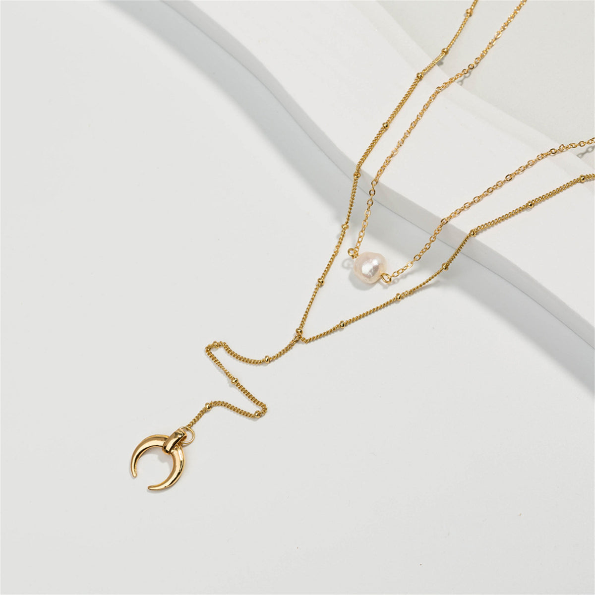 Pearl and 18K Gold-Plated Moon Drop Layered Necklace, gold pendant necklace for women, detail close-up
