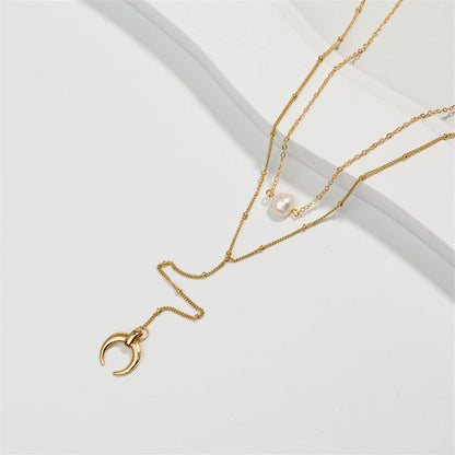 Pearl and 18K Gold-Plated Moon Drop Layered Necklace, gold pendant necklace for women, detail close-up