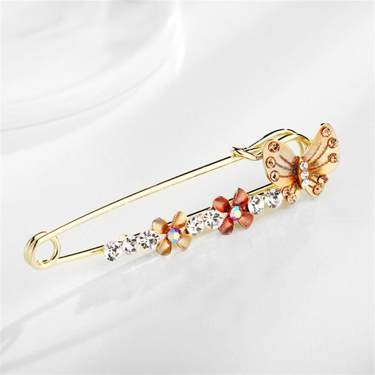 Cubic Zirconia and Enamel 18K Gold-Plated Butterfly Flower Pin Brooch, gold brooch pin, dainty minimalist design, front view