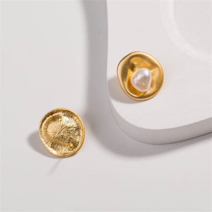 Pearl & 18K Gold-Plated Hammered Circle Stud Earrings