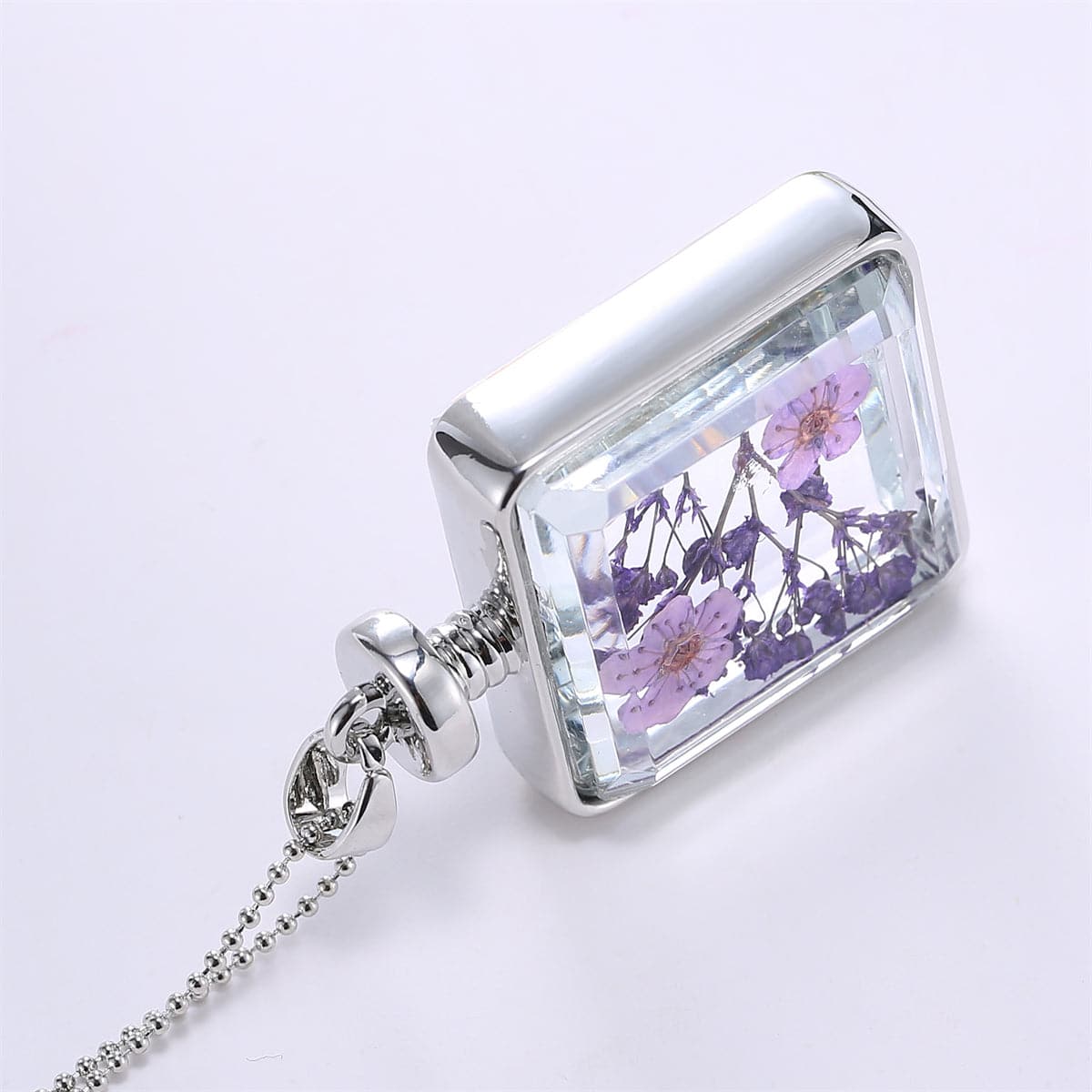 Purple and Silver-Plated Pressed Peach Blossom Square Pendant Necklace, silver pendant necklace for women, detail close-up