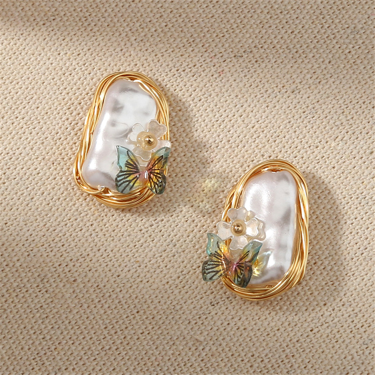 Pearl and Green Butterfly Stud Earrings, stud earrings for women, everyday style, lifestyle look