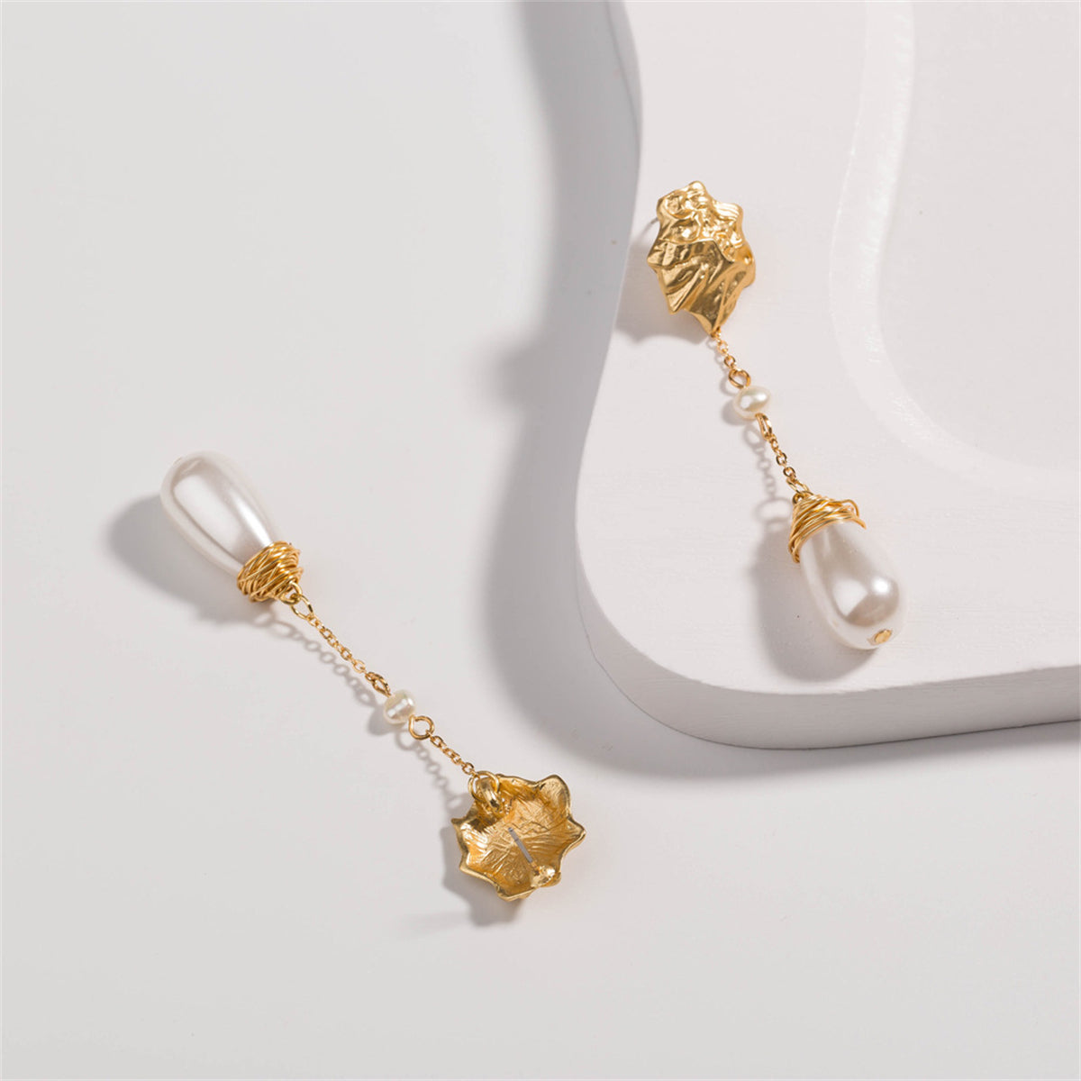 Pearl and 18K Gold-Plated Irregular Drop Earrings, gold drop earrings for women, botanical inspired, detail close-up