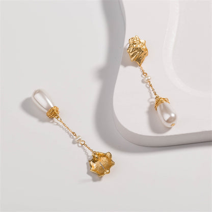 Pearl and 18K Gold-Plated Irregular Drop Earrings, gold drop earrings for women, botanical inspired, detail close-up