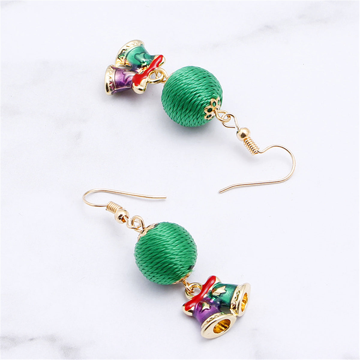 Green Polyster and Enamel 18K Gold-Plated Bells Pom Drop Earrings, gold drop earrings for women, everyday style, side view
