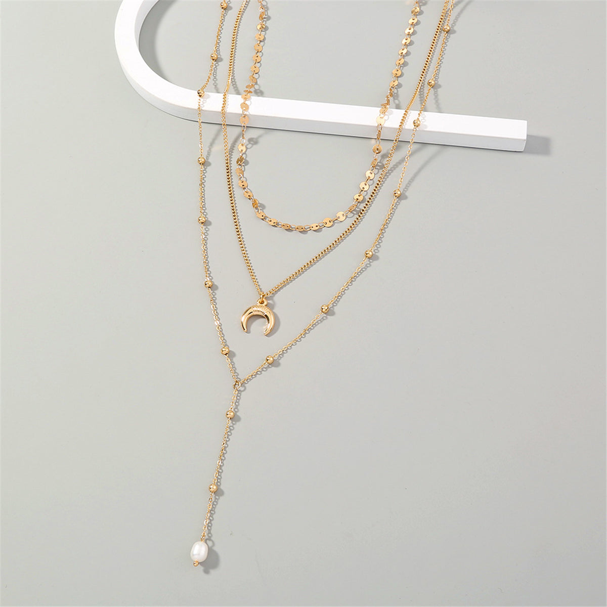 Pearl & 18K Gold-Plated Moon Layered Lariat Necklace