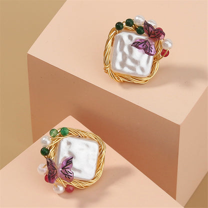 Pearl and Purple Butterfly Square Stud Earrings, stud earrings for women, elegant gift for her, side view
