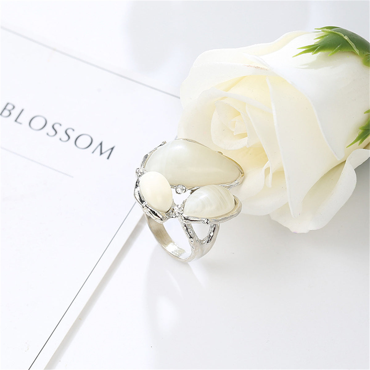 White Cats Eye Silver-Plated Abstract Ring, silver statement rings for women, everyday style, front view