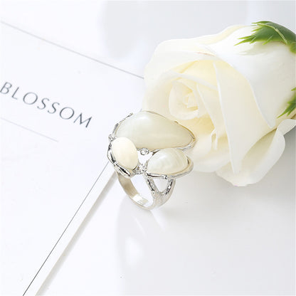 White Cats Eye Silver-Plated Abstract Ring, silver statement rings for women, everyday style, front view
