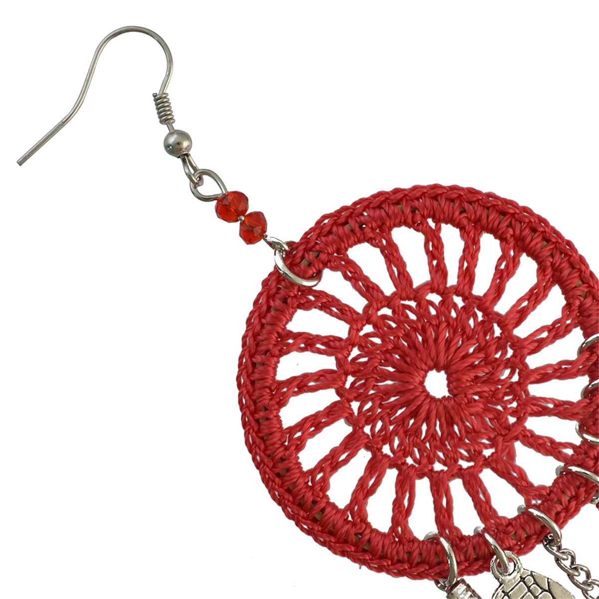 Red & Silver-Plated Wing Dreamcatcher Drop Earrings