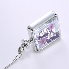 Purple Pressed Peach Blossom & Silver-Plated Square Pendant Necklace