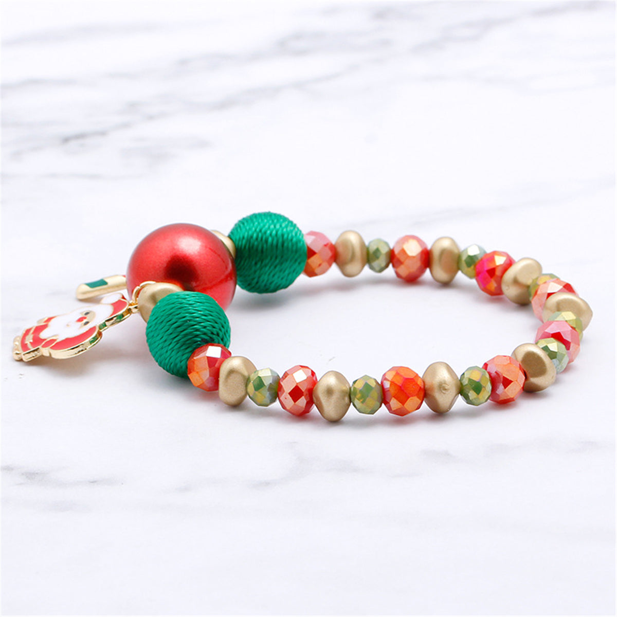Red Enamel and 18K Gold-Plated Santa Claus Beaded Stretch Charm Bracelet, gold bracelet for women, lifestyle look