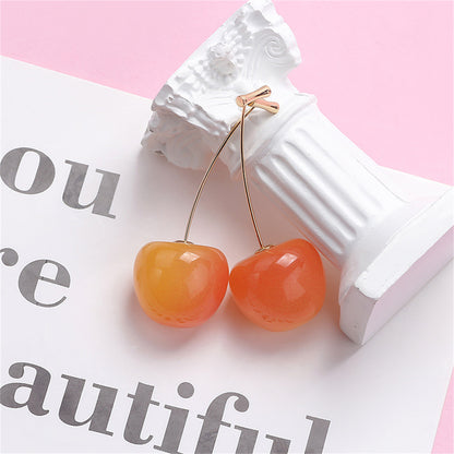 Peach and Yellow Resin Cherry Ear Jackets, drop earrings for women, vintage-inspired design, side view