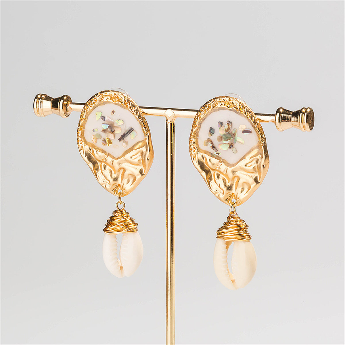 Shell and 18K Gold-Plated Pukka Shell Drop Earrings, gold drop earrings for women, vintage-inspired design, detail close-up