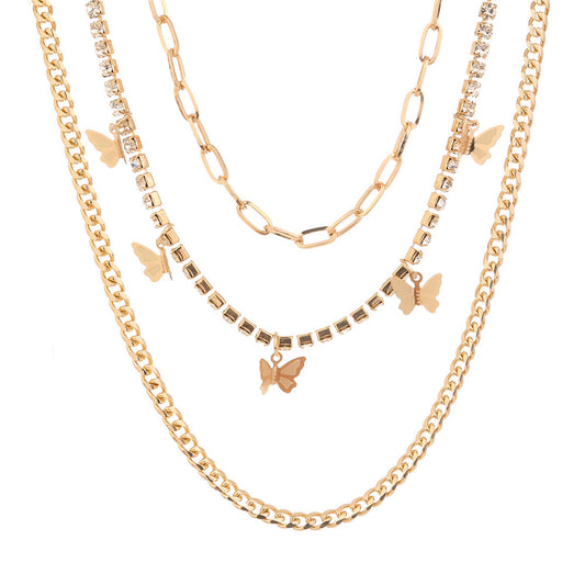 Cubic Zirconia and 18K Gold-Plated Butterfly Layered Chain Necklace, jewelry gift sets for women, front view